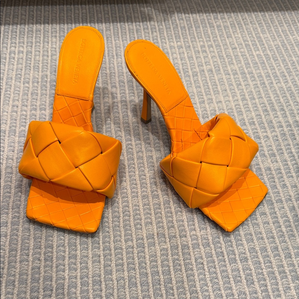 Bottega Veneta Bright Orange Woven Knot Mule Heels